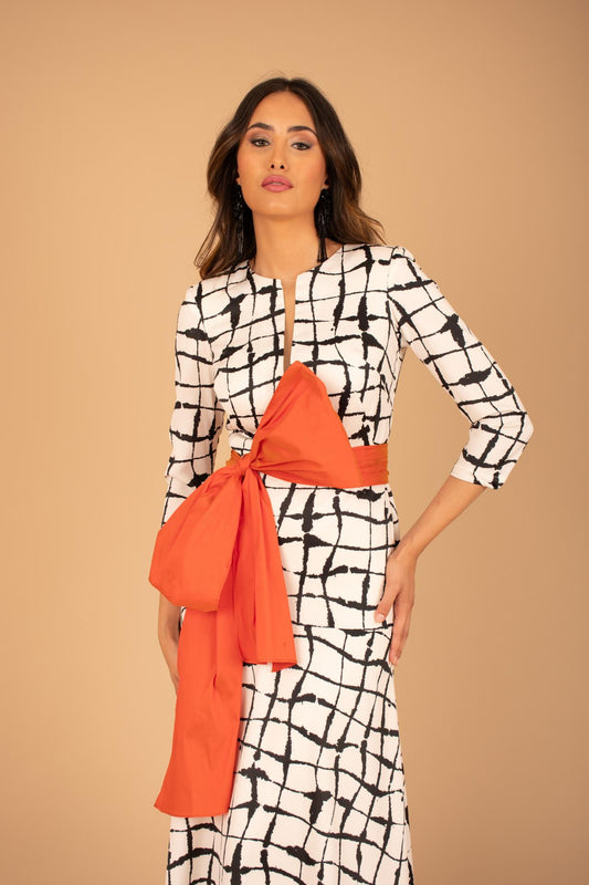 Vestido Midi Geométrico con Lazo Naranja
