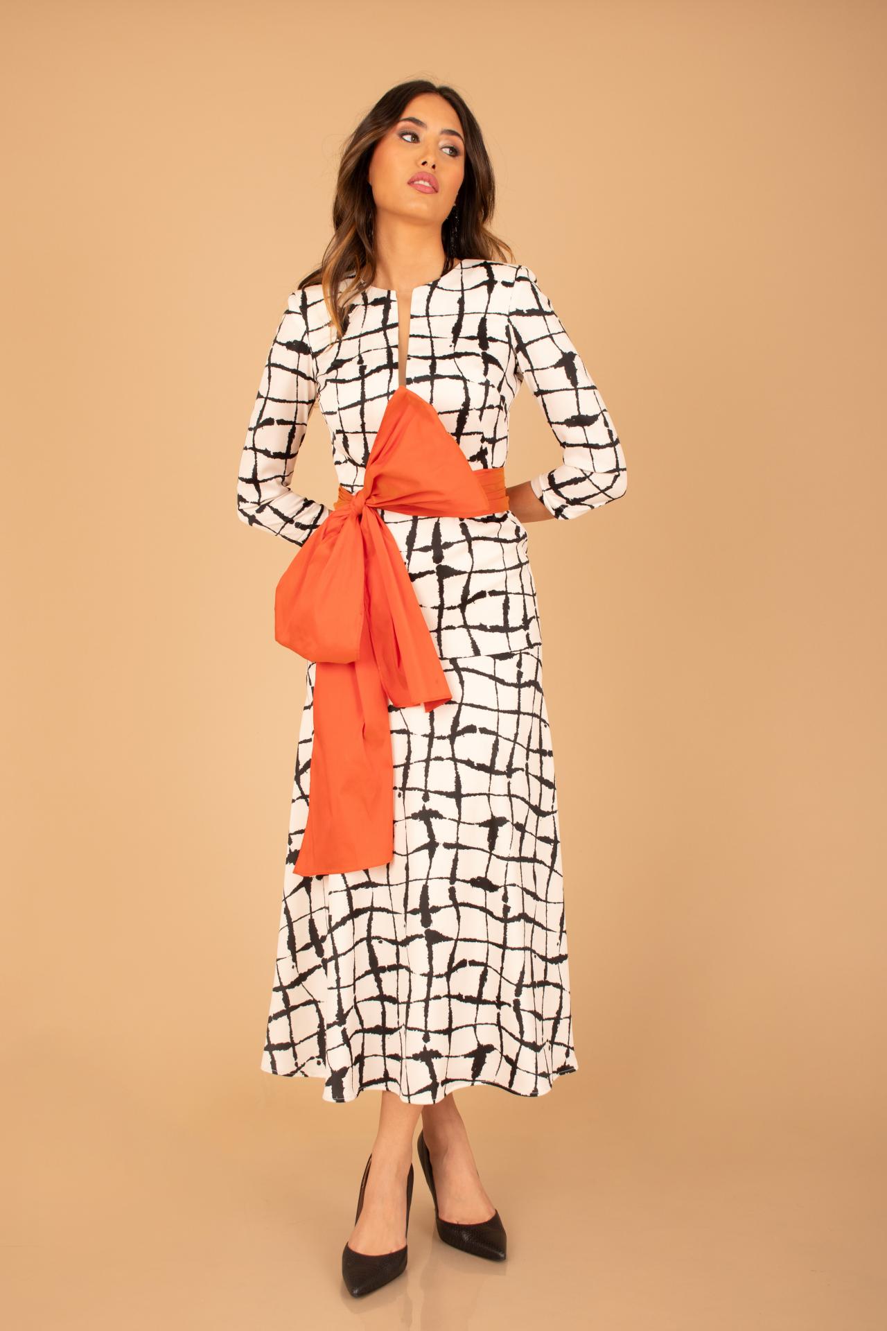 Vestido Midi Geométrico con Lazo Naranja