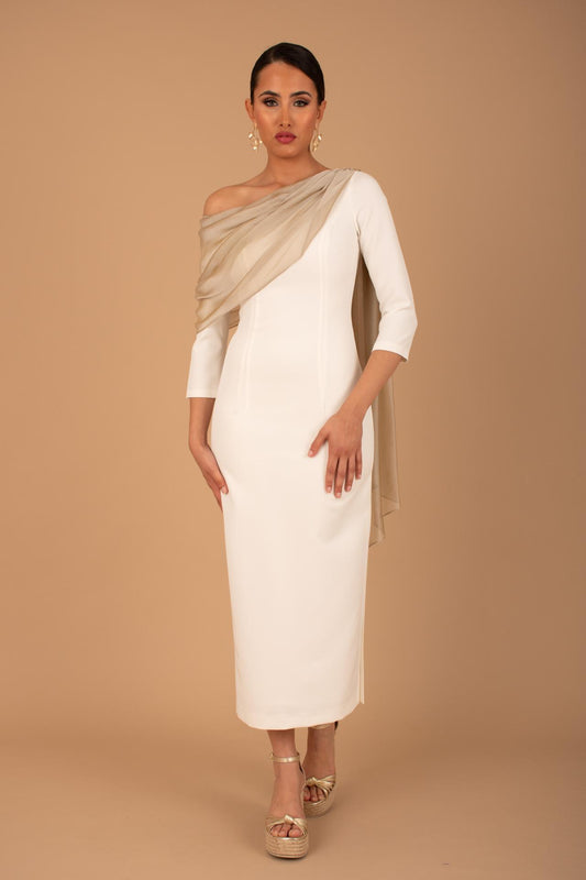 Vestido Blanco con Drapeado en Gasa Champagne