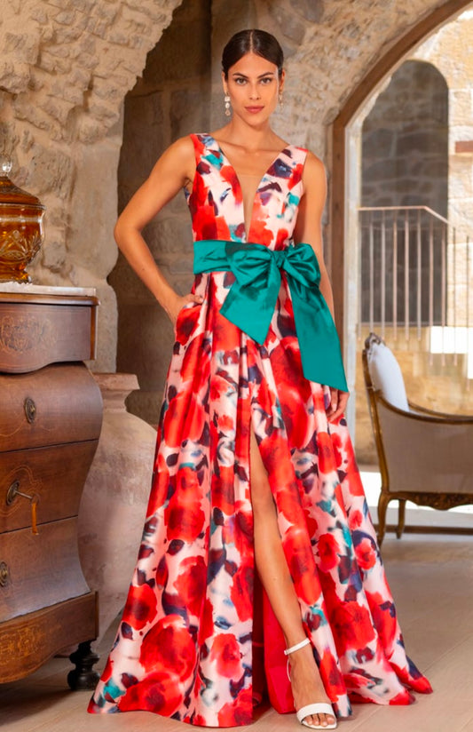 Vestido Largo Estampado Floral con Lazo Verde