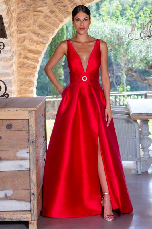 Vestido Largo Rojo en Mikado con Cintura Joya