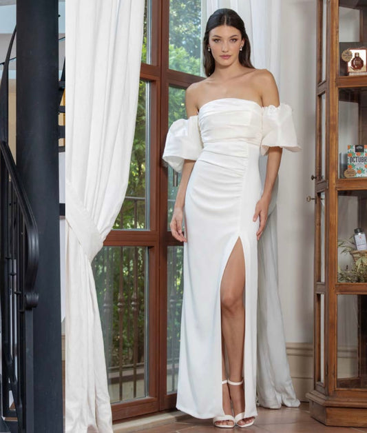 Vestido Blanco Palabra de Honor con Mangas Abullonadas