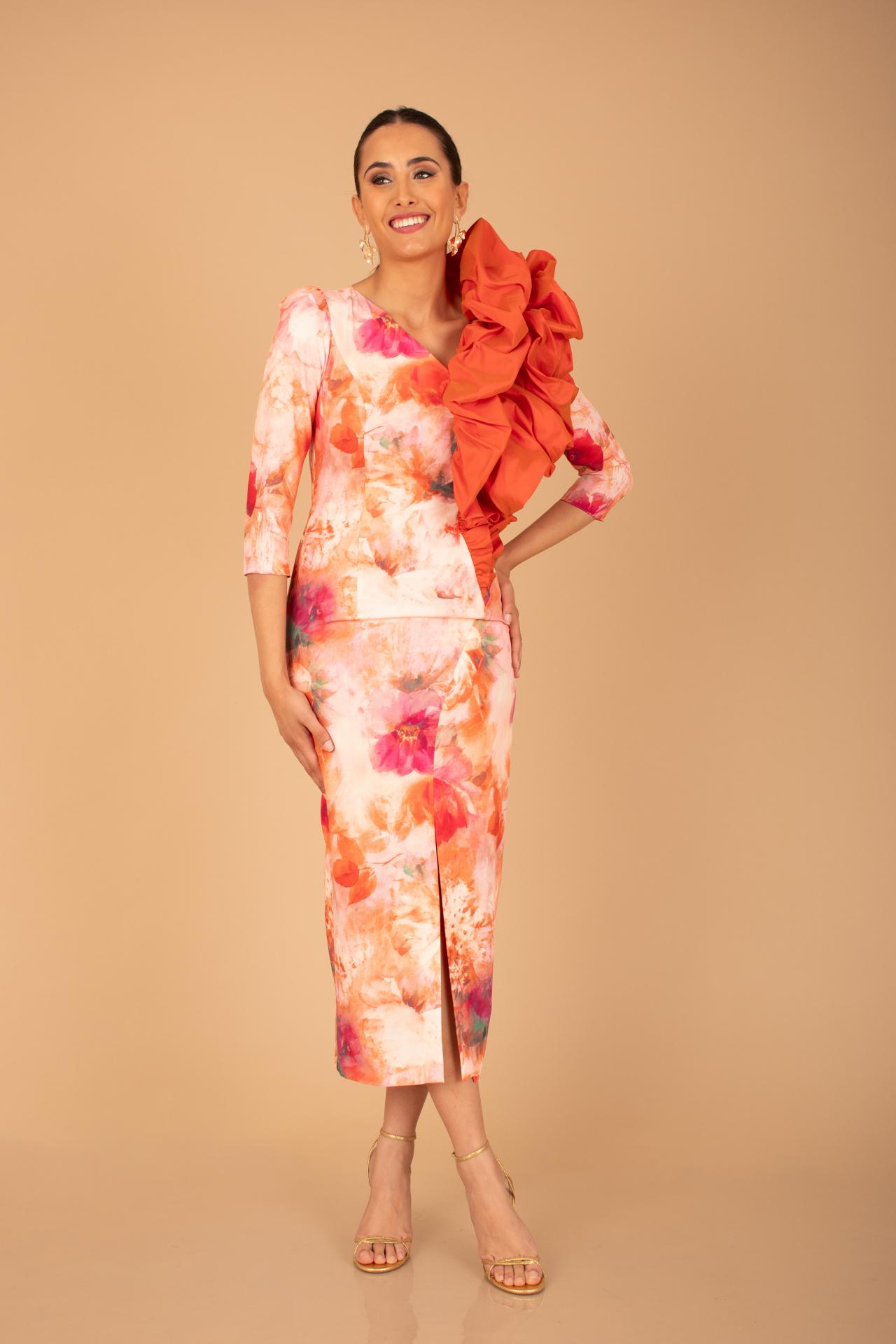 Vestido Midi Floral con Volumen en Hombro