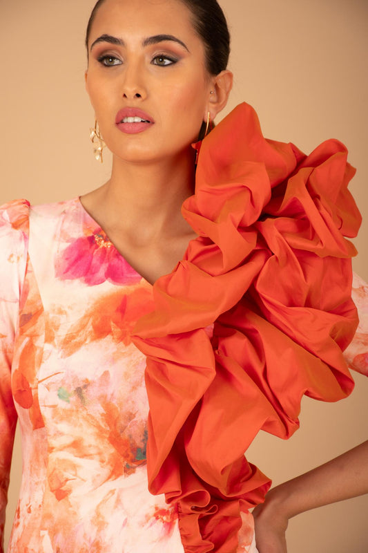 Vestido Midi Floral con Volumen en Hombro